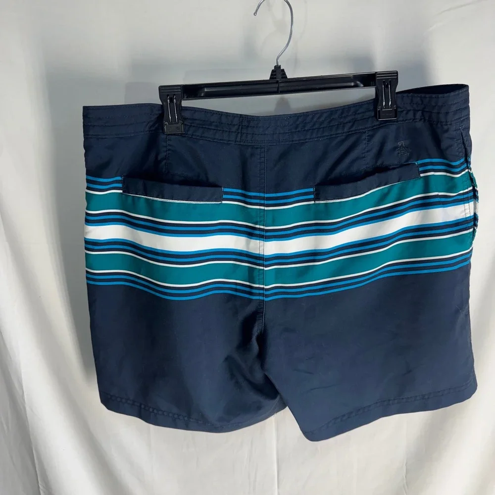 Original‎ Penguin Swim Trunks Mens 38 Navy Blue Striped Board Shorts OP4242